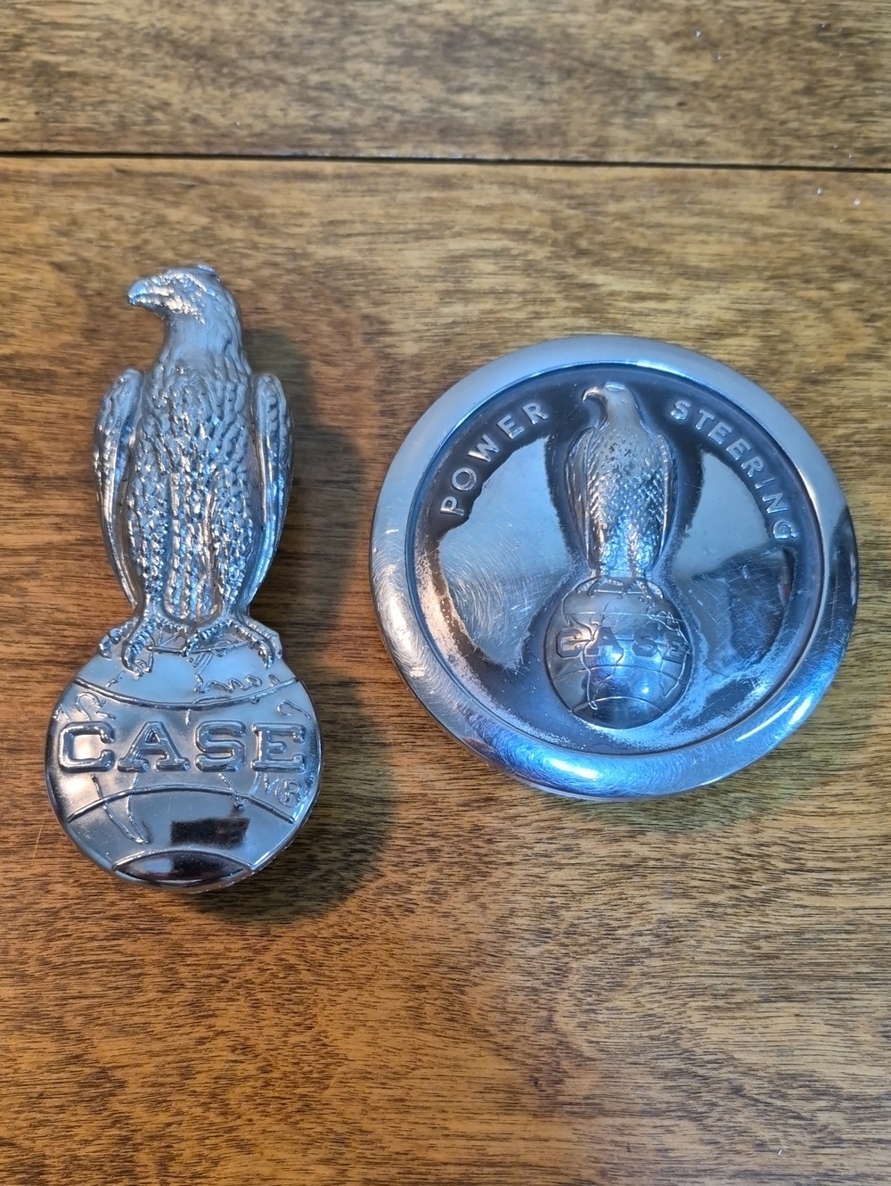CASE TRACTOR Vintage Silver Tone Hood Emblem and Power Steering Wheel Center Cap
